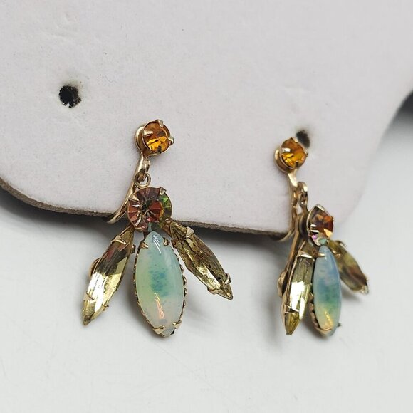 Vintage Topaz Rhinestone Opalescent Glass Clip-On Earrings Gold Tone Settings - Picture 2 of 5